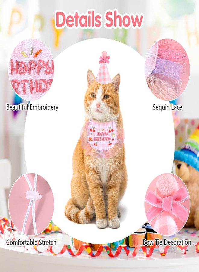 Kunyeah 2Pcs Pet Happy Birthday Hat Scarf Set - Cute Embroidered Cat Bandana Outfit - Cat Plaid Pattern Princess Costumes - Dog Lace Bib - Pet Party Supplies Decoration (Pink) - Image 2